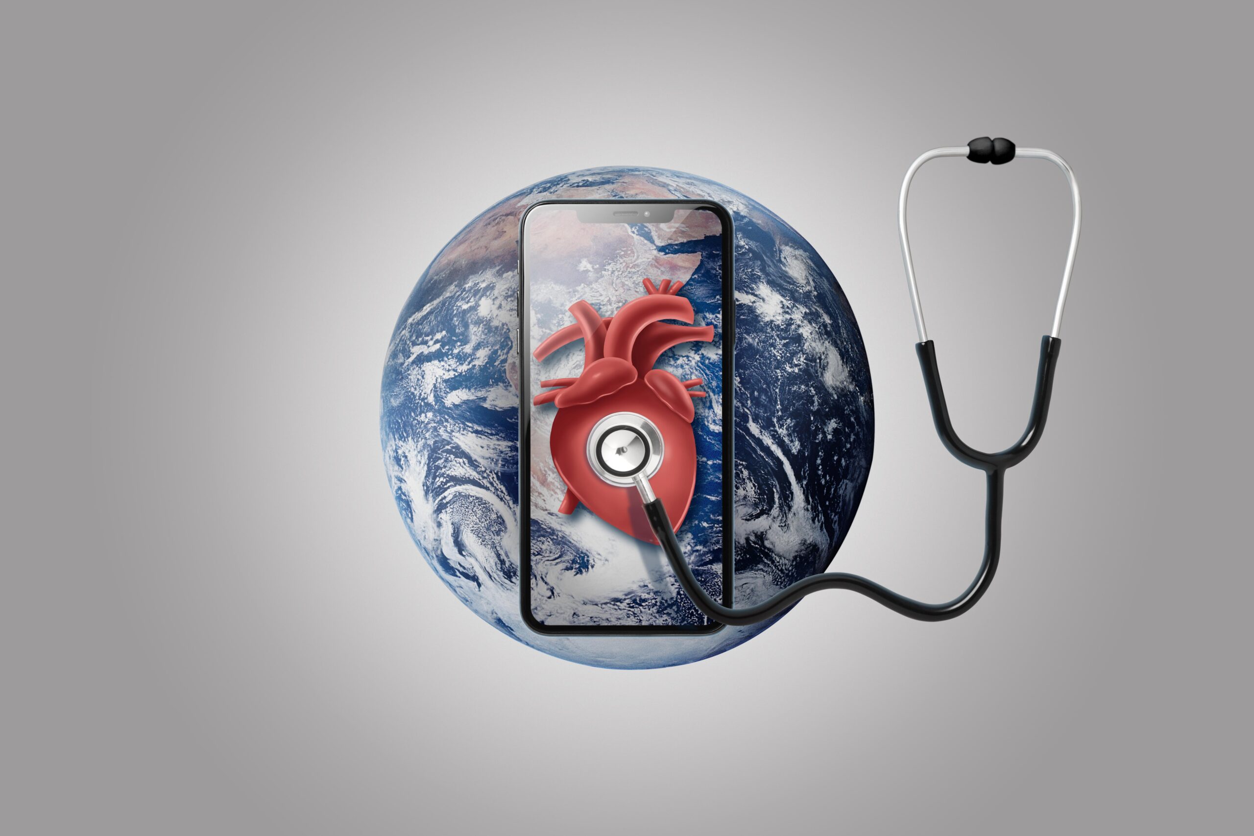 smartphone earth with stethoscope heart scaled
